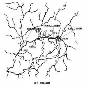 圖2 靈渠的位置，靈渠周圍水系，以及湘江與漓江的分水嶺
