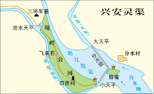 圖8 靈渠渠首位置及大小天平分水作用圖示